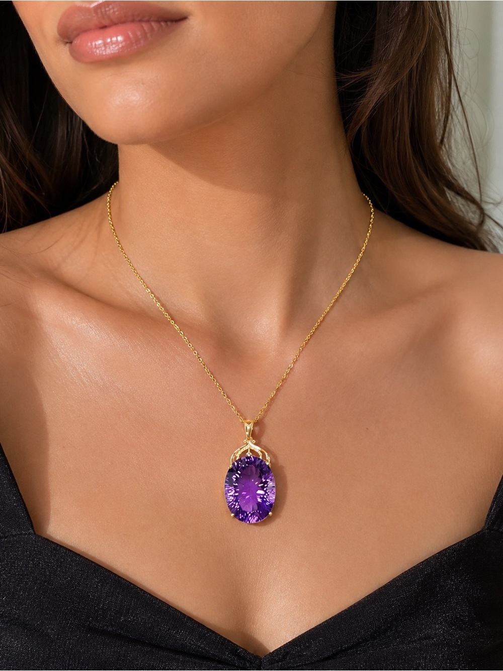 Amethyst Purple Oval Crystal Pendant Necklace 18K Gold Plated Zircon Statement